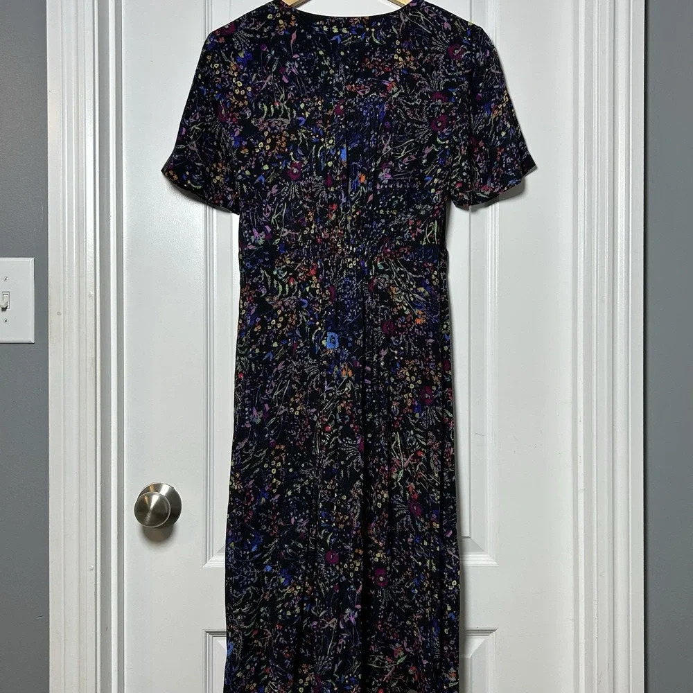 Maeve Anthropologie Mixed Print Wildflower Floral Leopard Trim Button Midi Dress